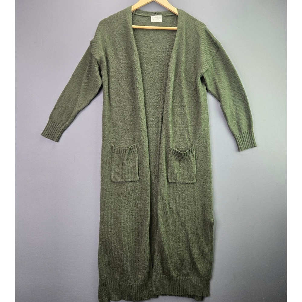 Poof Apparel Longline Cardigan Duster Sweater L Green Open Front Knit 3828 3828